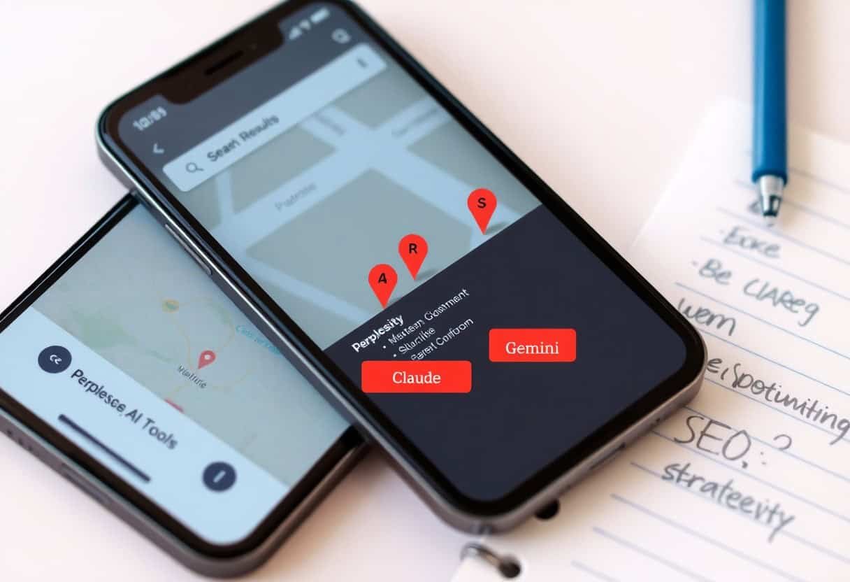 Two smartphones display AI tool apps with map pins labeled Perplexity, Claude, and Gemini—highlighting the future of local SEO and AI search optimization. Nearby, a notepad with handwritten notes and a blue pen rests on a white surface.