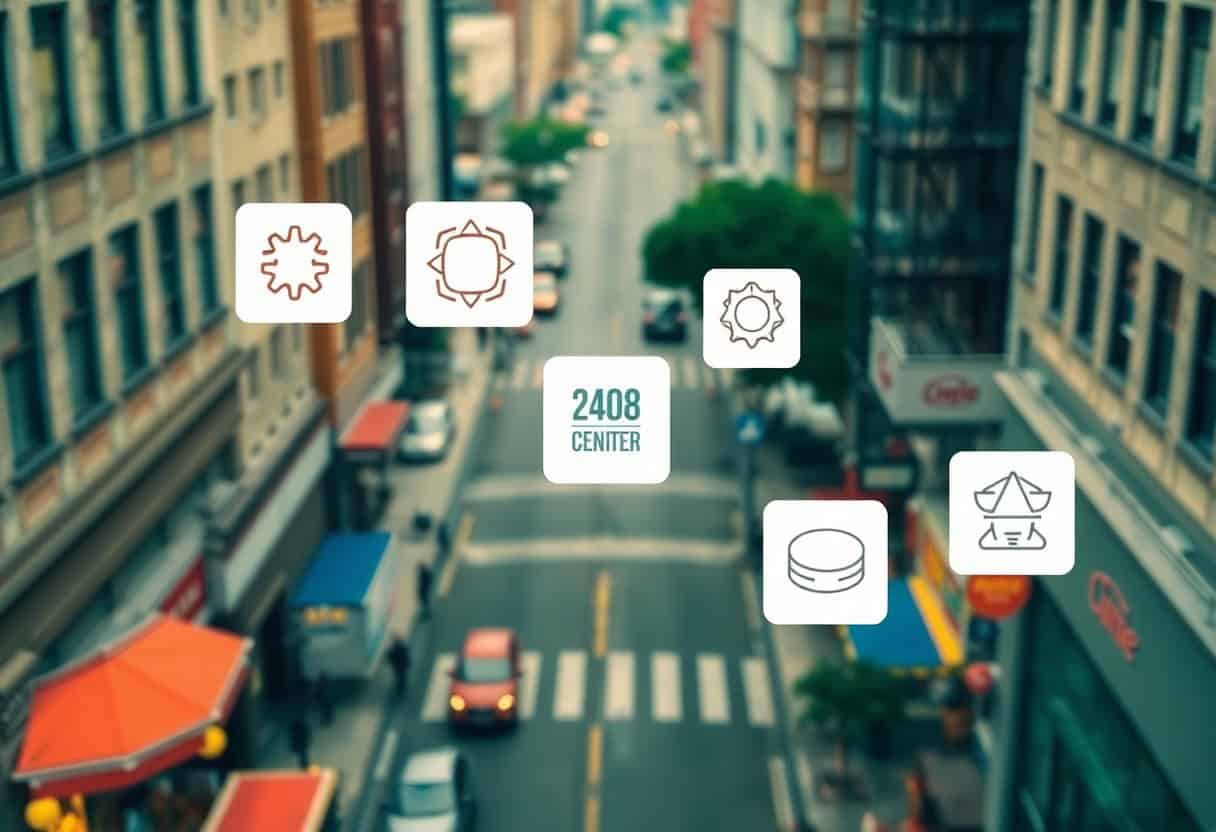 A blurred city street with cars and buildings, overlaid with digital icons and a label reading “2408 Center”—a scene reflecting the power of local SEO and AI search optimization in modern urban environments.