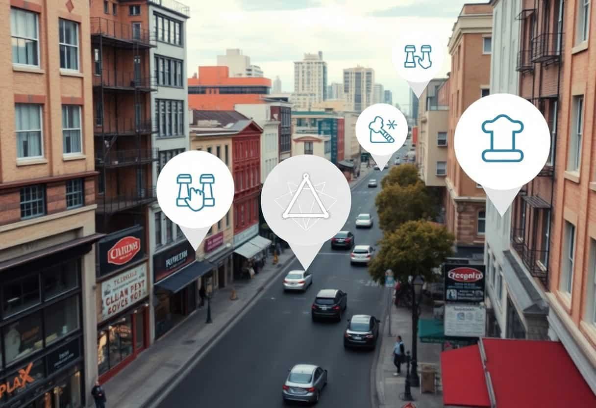 A city street with cars and buildings, overlaid with map location icons—like binoculars, a chef’s hat, and a paintbrush—illustrates points of interest enhanced by local SEO and AI search optimization.