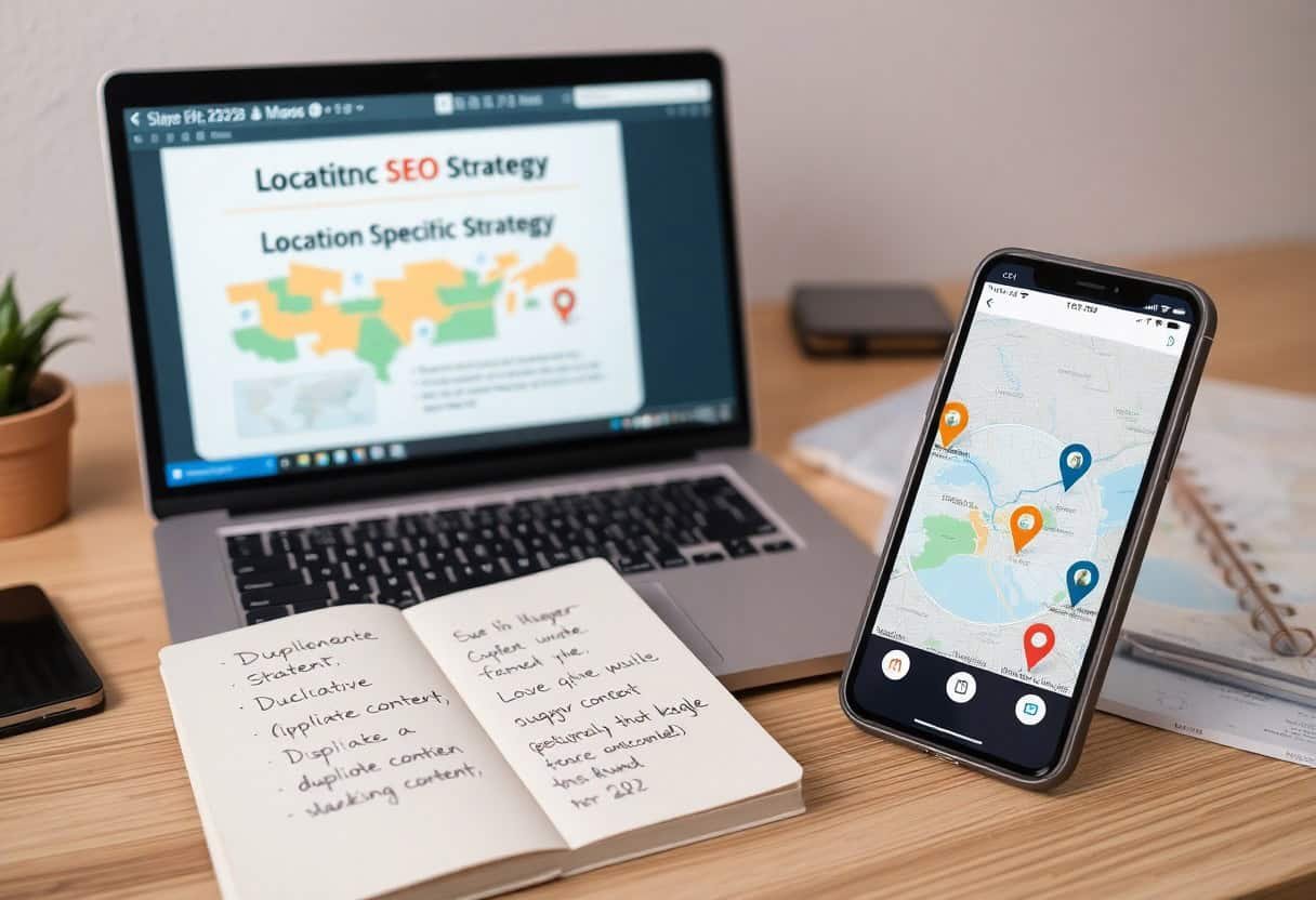 A laptop displays a “Locating SEO Strategy” slide, while a smartphone shows a map with pinned locations, illustrating local SEO and AI search optimization. Nearby are a notebook with handwritten notes, a pen, and papers on a wooden desk.