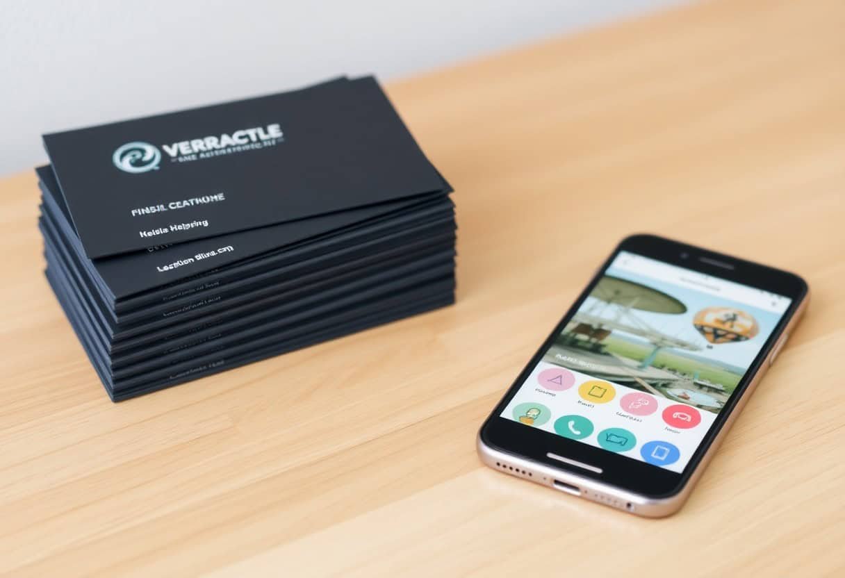 A stack of black business cards sits on a wooden desk next to a smartphone displaying colorful app icons—perfect for showcasing your brand’s commitment to local SEO and AI search optimization.
