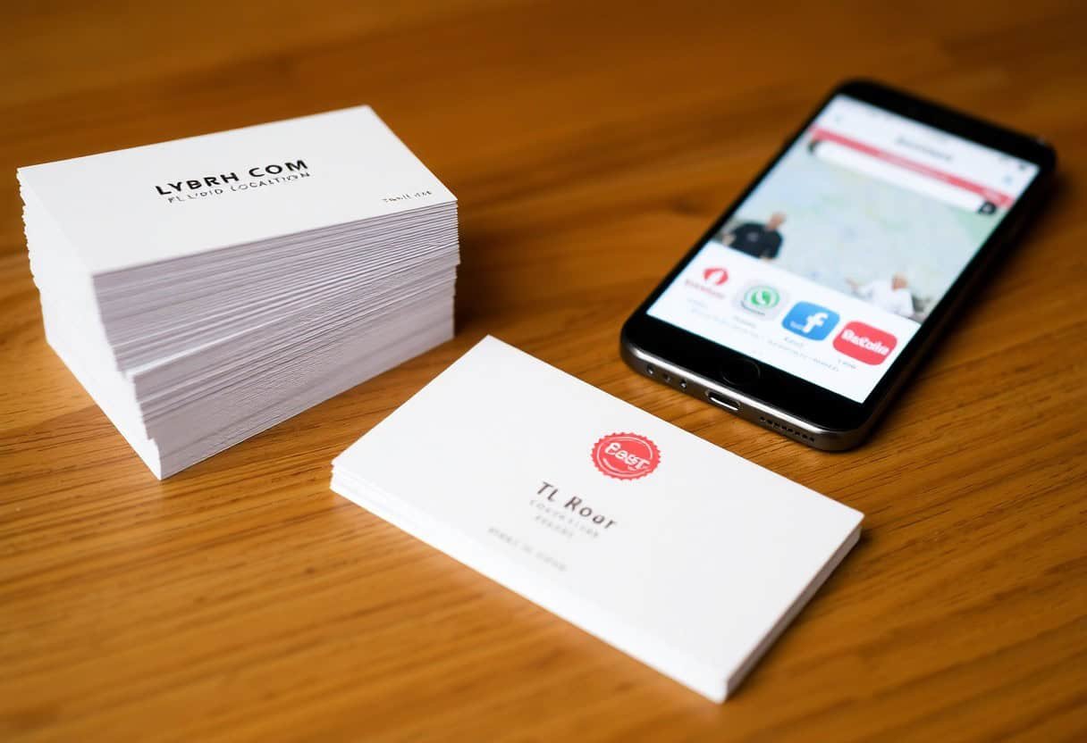 A stack of business cards sits on a wooden table next to a smartphone displaying several apps, hinting at the importance of local SEO and AI search optimization in today’s connected world. Two business cards are visible in the foreground.