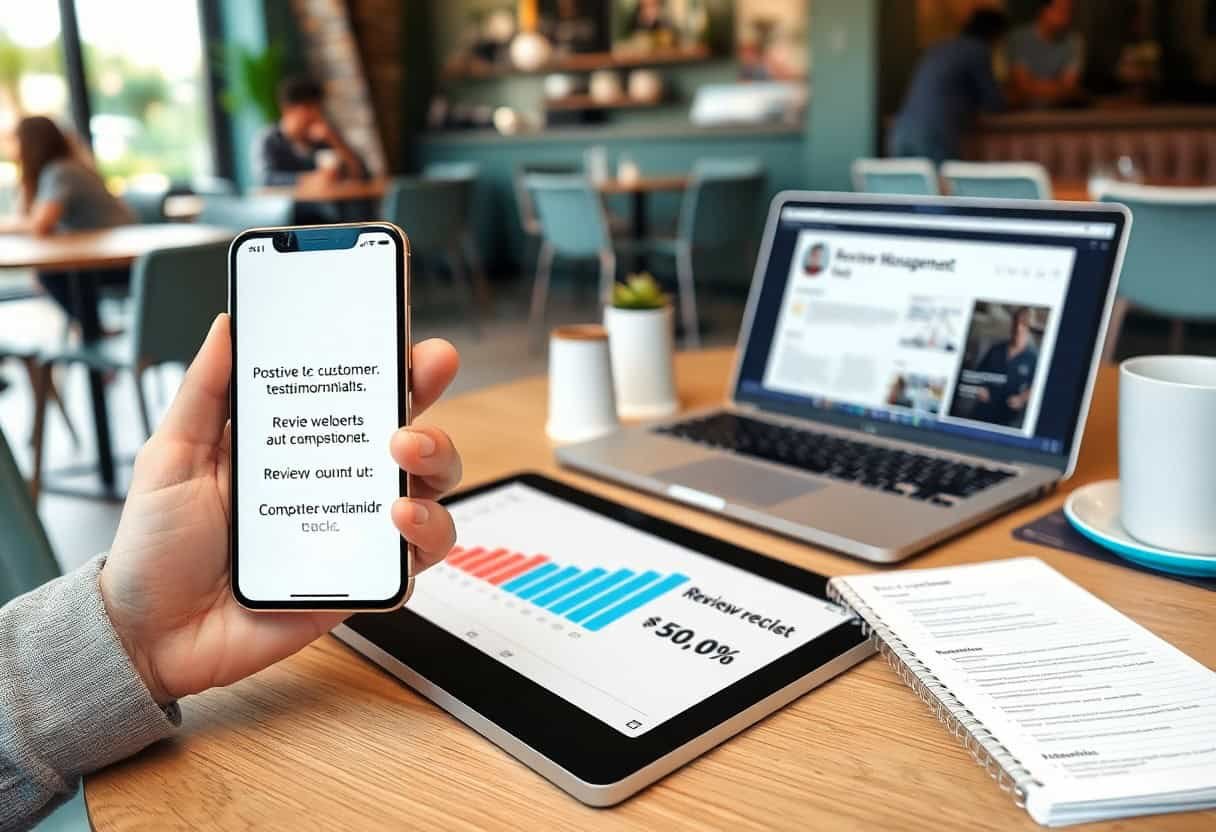 A person holds a smartphone displaying review-related text next to a tablet showing a bar graph with “Review reciet 50.0%.” Local SEO and AI search optimization tools are open on the laptop, all set in a modern cafe setting with a notepad on the table.