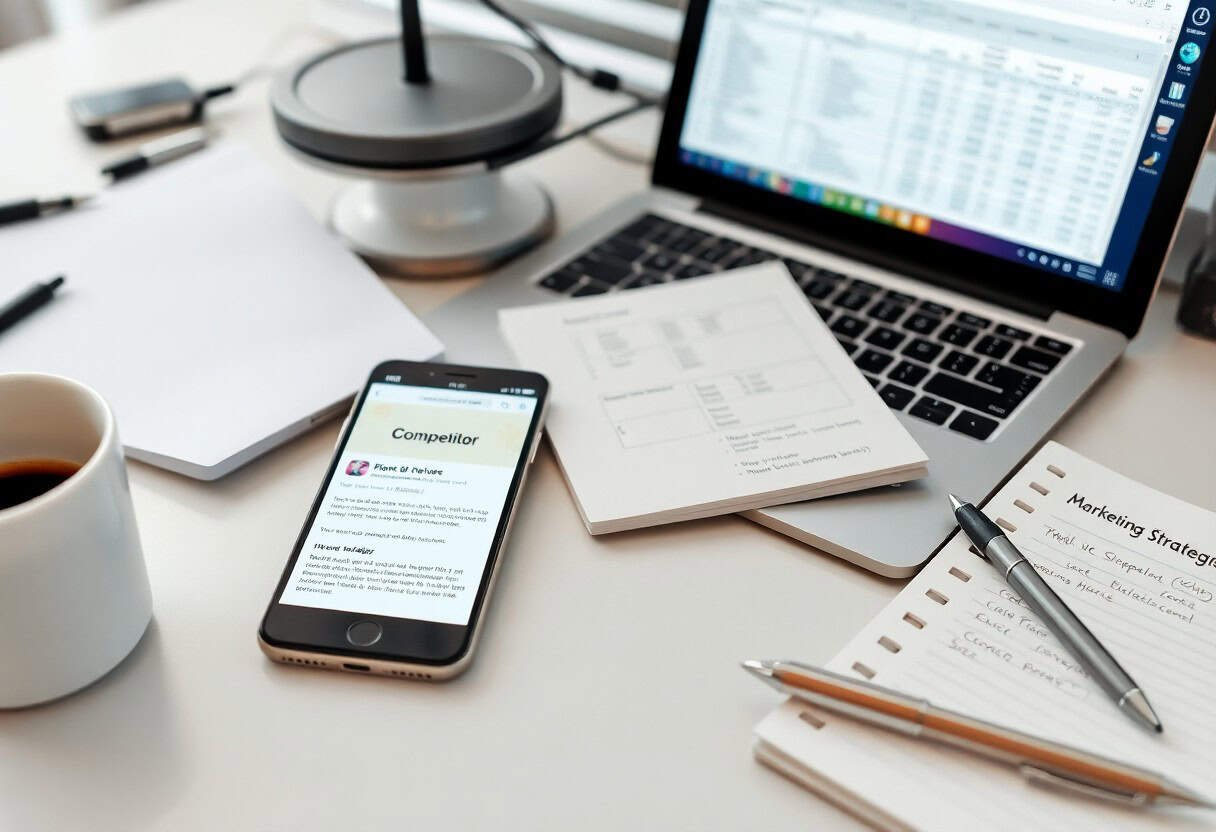 A workspace with a laptop displaying spreadsheets, a smartphone showing a Competitor page focused on local SEO, notepad with handwritten notes, a cup of coffee, a pen, and a desk lamp on a white desk.
