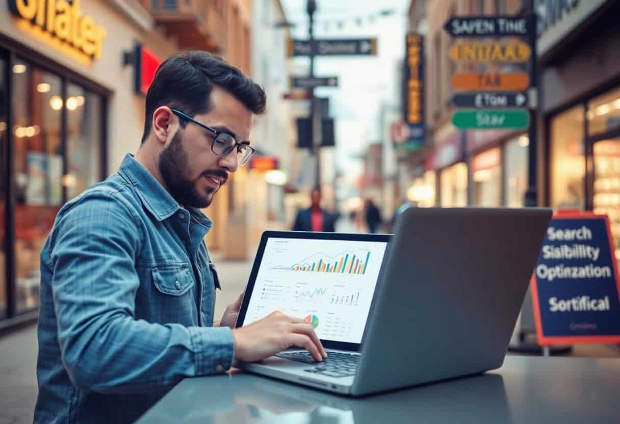 A man wearing glasses and a denim jacket works on a laptop at an outdoor table on a city street. The laptop screen displays colorful charts and graphs related to behavioral signals in local SEO, with storefronts and an SEO sign in the background.