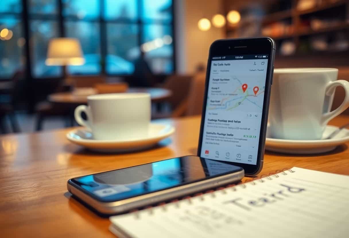 A smartphone displaying a map app—analyzing behavioral signals in local SEO—stands upright on a café table beside another phone, two white coffee cups with saucers, and a notepad with handwritten notes. The cozy café interior is softly lit.