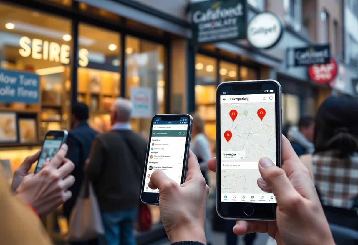 People holding smartphones with apps open, including a map with location pins and a list view, while standing on a busy city street in front of shops and a cafe.
