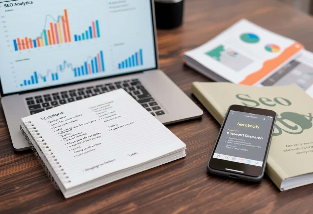 A desk with a laptop showing analytics graphs, an open notebook with a table of contents, a smartphone displaying Keyword Research, and books and papers about local SEO and AI search optimization.