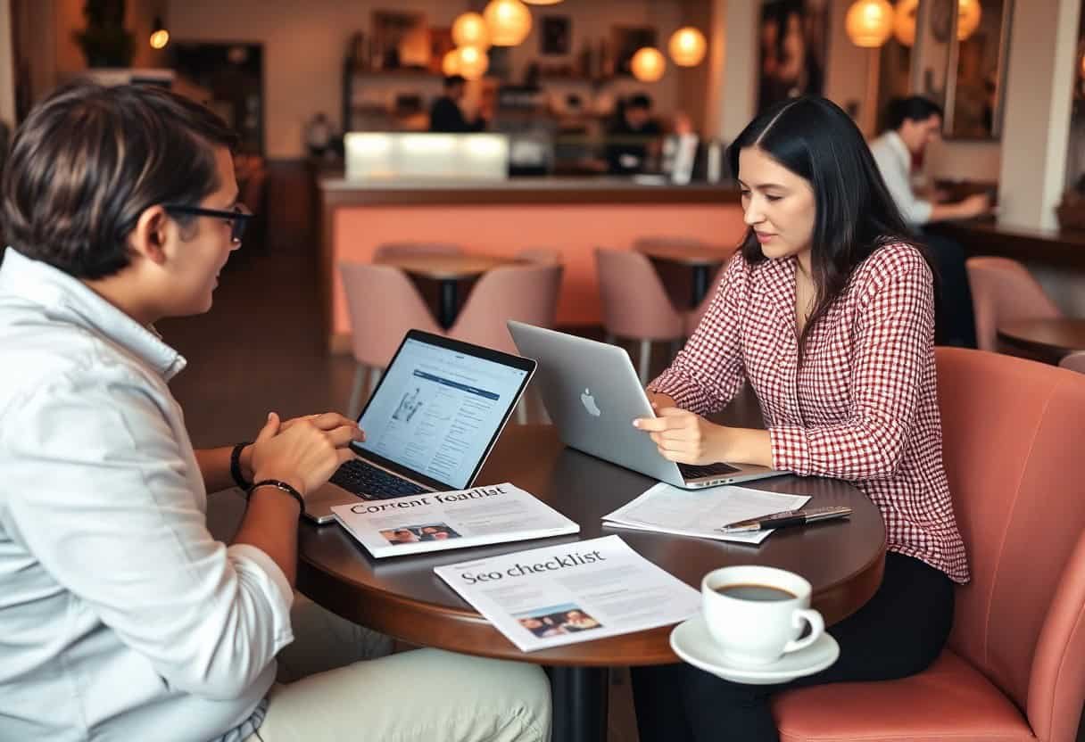 Two people sit at a round table in a café, working on laptops. Papers with headlines like “Content Ideas,” “SEO Checklist,” and “AI Search Optimization” are on the table beside coffee. The café’s warm lighting creates a relaxed atmosphere.