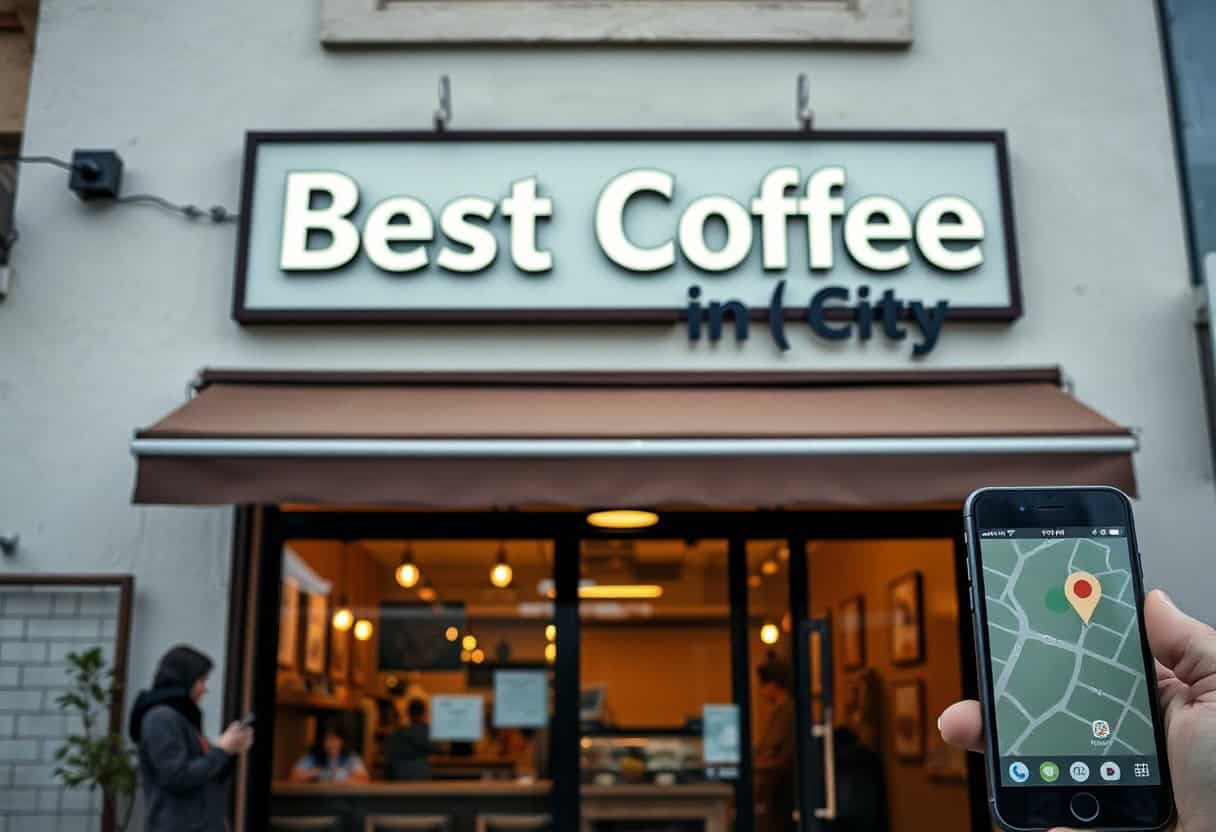 A person holds a smartphone displaying a map with a location pin in front of a café with a sign that reads Best Coffee in City, highlighting the power of local SEO and AI search optimization. Another person is walking by the entrance.