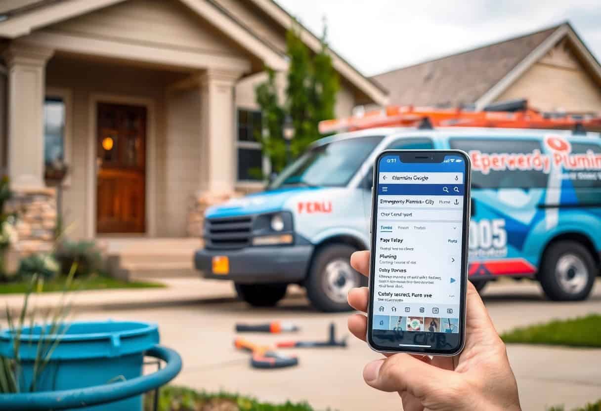 A hand holds a smartphone displaying a plumber’s Google profile outside a house, highlighting local SEO as a blue and orange plumbing van and tools are visible in the driveway.
