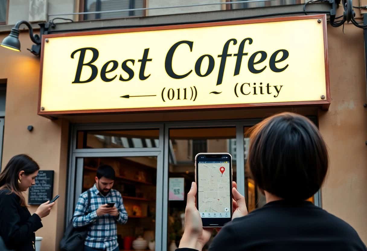 Three people use their phones outside a café with a sign reading Best Coffee (011) (City). One person holds up a phone displaying a map with a location pin, highlighting the impact of local SEO and AI search optimization for businesses.