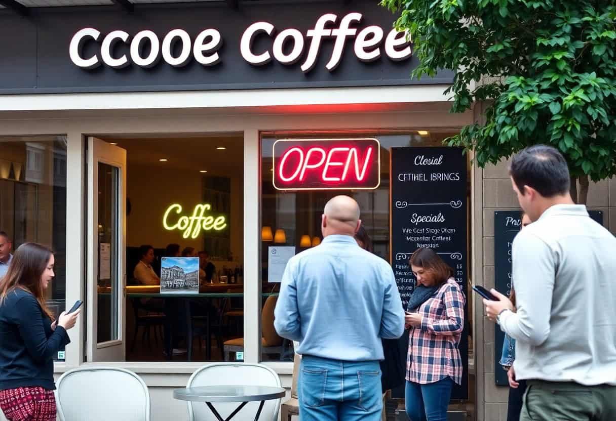 People stand outside a coffee shop with a neon OPEN sign and a partially lit Coffee sign. Some check their phones—perhaps searching for local SEO tips or using AI search optimization—while a chalkboard menu welcomes visitors near the entrance.