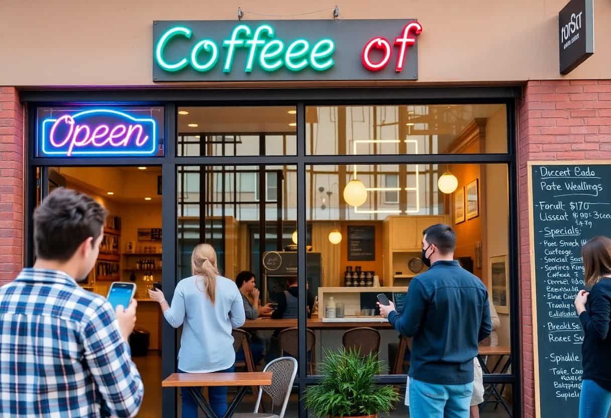 People stand outside a café with a neon sign reading Coffe of and Open. A menu board is visible nearby as customers check their phones, perhaps searching for the spot through local SEO and AI search optimization.
