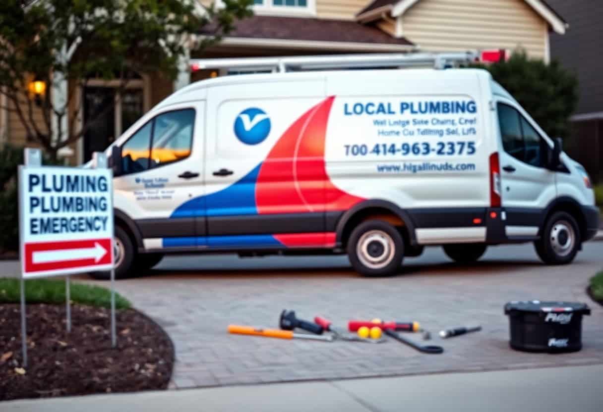 A Local Plumbing van is parked in a driveway, with a "Plumbing Emergency" sign and tools spread nearby. Boosting visibility through local SEO and AI search optimization helps connect this trusted service to more nearby homeowners.