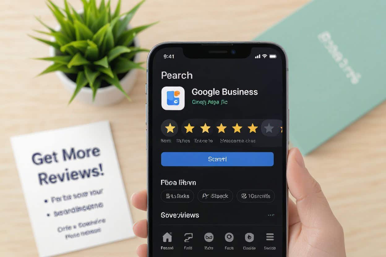 Google Business app on smartphone screen for local SEO and AI search optimization strategy.