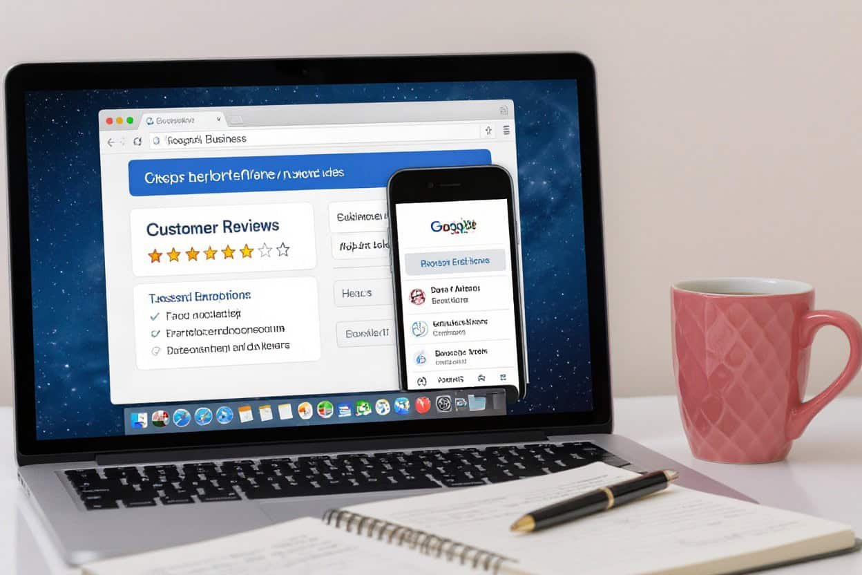 SEO-friendly ALT text: Laptop and smartphone displaying local SEO reviews and Google search results, emphasizing digital marketing and search optimization services.