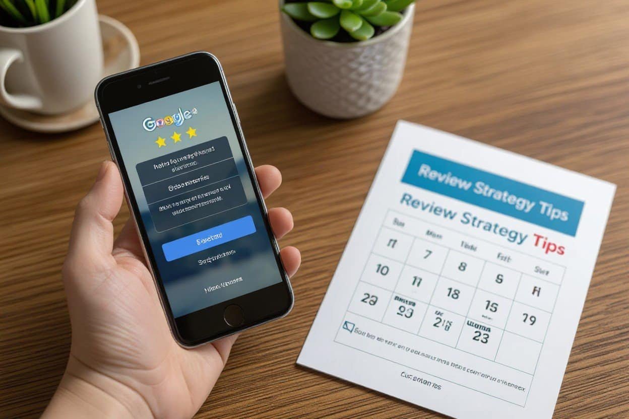Google review rating on smartphone screen for local SEO and reputation management strategies.