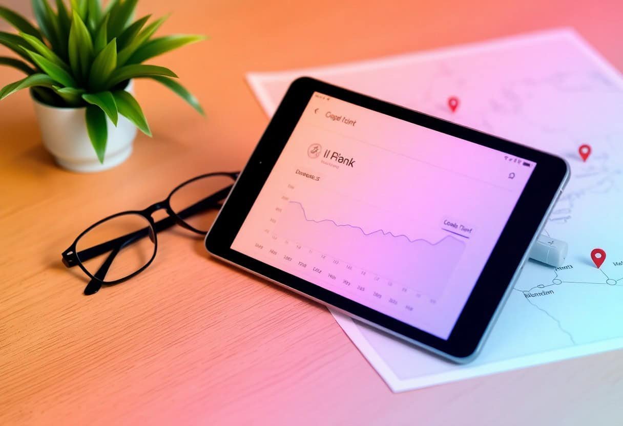 A tablet displaying a line graph rests on a desk beside eyeglasses, a potted plant, and a paper map, creating a workspace scene that highlights data analysis for local SEO and AI search optimization.