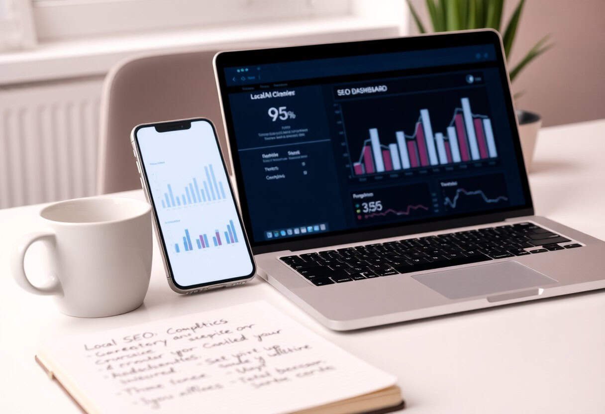 A laptop displays SEO analytics dashboards with bar and line graphs, highlighting local SEO and AI search optimization. An adjacent smartphone shows similar graphs. Beside them are a white mug and a notepad with handwritten notes on local SEO.