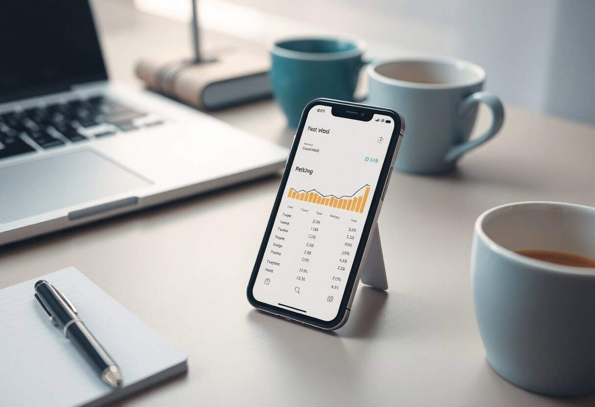 A smartphone displaying a financial analytics app with charts and data sits on a stand beside a laptop, coffee cups, and a notepad—perfect for professionals focused on local SEO and AI search optimization at their office desk.