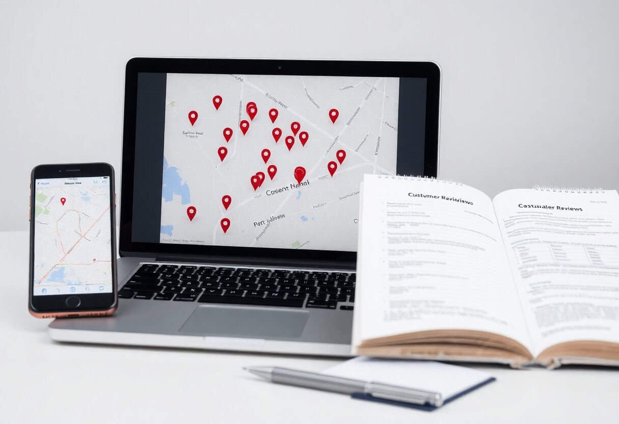 A laptop and smartphone displaying maps with location pins sit on a desk alongside open books, a pen, and a notebook, suggesting research or planning work focused on local SEO and AI search optimization.