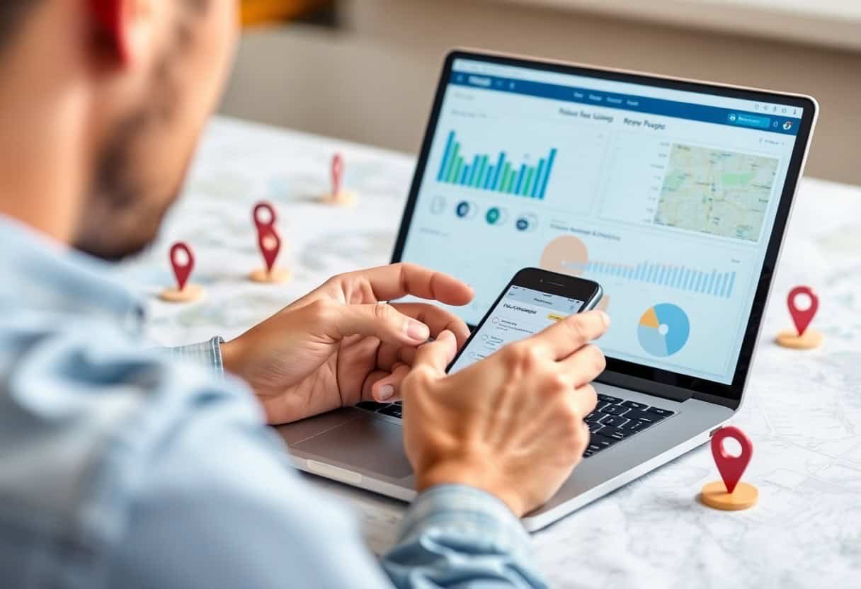 A person using a smartphone in front of a laptop displaying analytics charts and a map, with several location markers on the table—illustrating the impact of local SEO and AI search optimization on business insights.