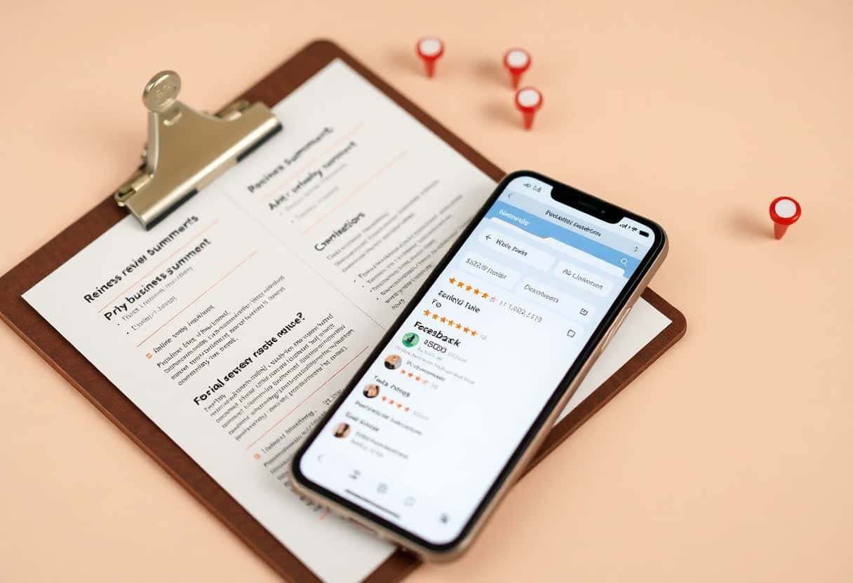 A clipboard with business review documents and a smartphone displaying a reviews app, placed on a beige surface with three red push pins nearby—ideal for illustrating local SEO and AI search optimization strategies in action.