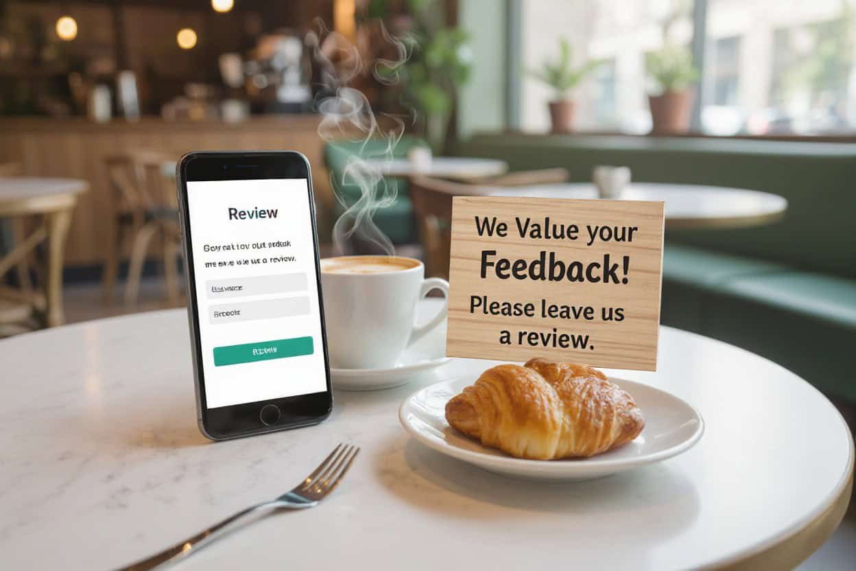 Reviewing local SEO and AI search optimization strategies at a cozy café, with a focus on customer feedback and online reviews to enhance local SEO optimization and AI search performance in the hospitality industry.