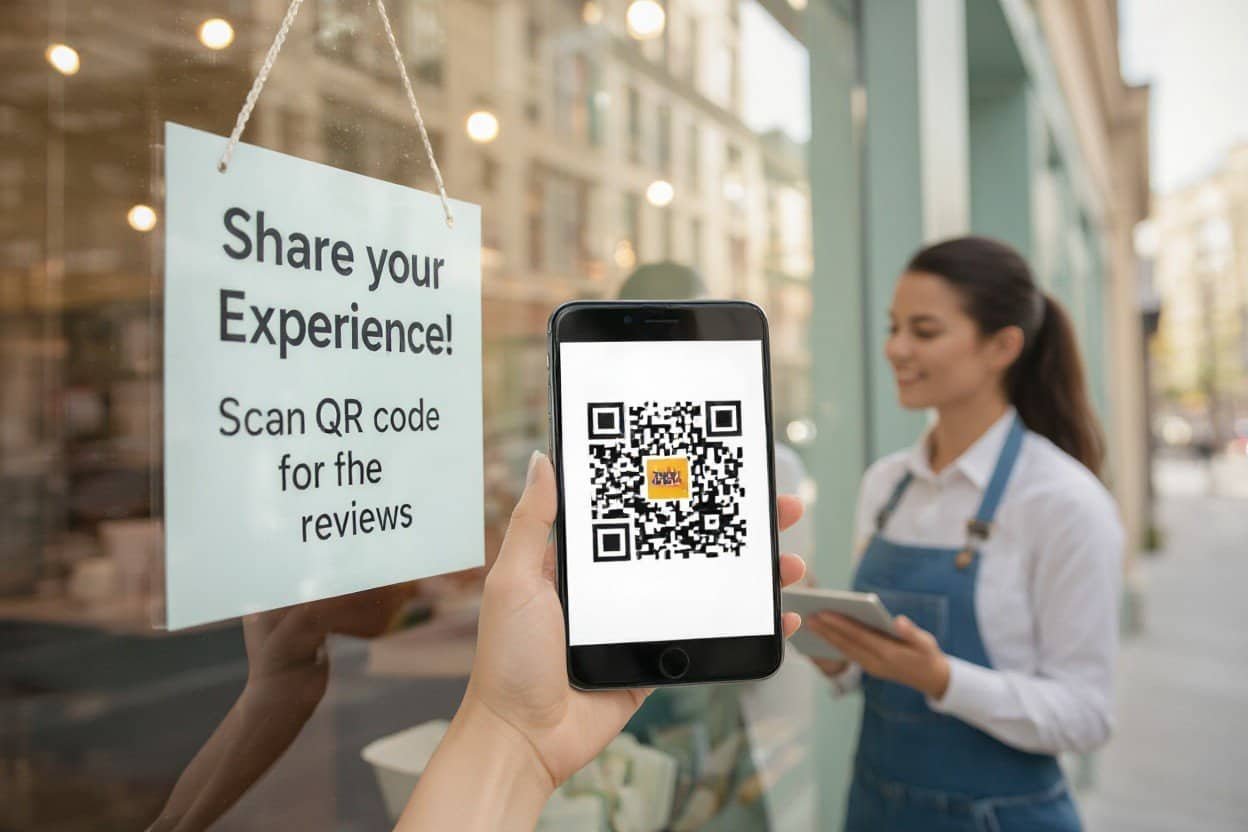 QR code for local business reviews displayed on a smartphone outside a storefront; woman in uniform using tablet behind the scene; promoting customer feedback.