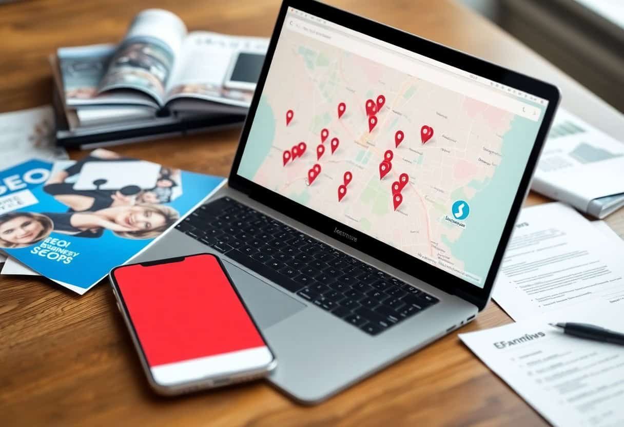 A laptop displaying a map with location pins sits on a desk, surrounded by papers and a smartphone. The setup hints at work focused on local SEO and AI search optimization, blending digital strategy with real-world analytics.