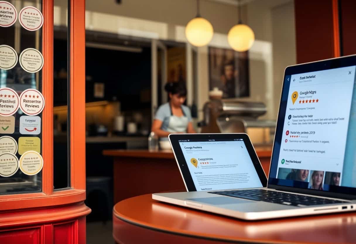 Optimized local SEO and AI search results on digital devices at a restaurant with reviews and maps.