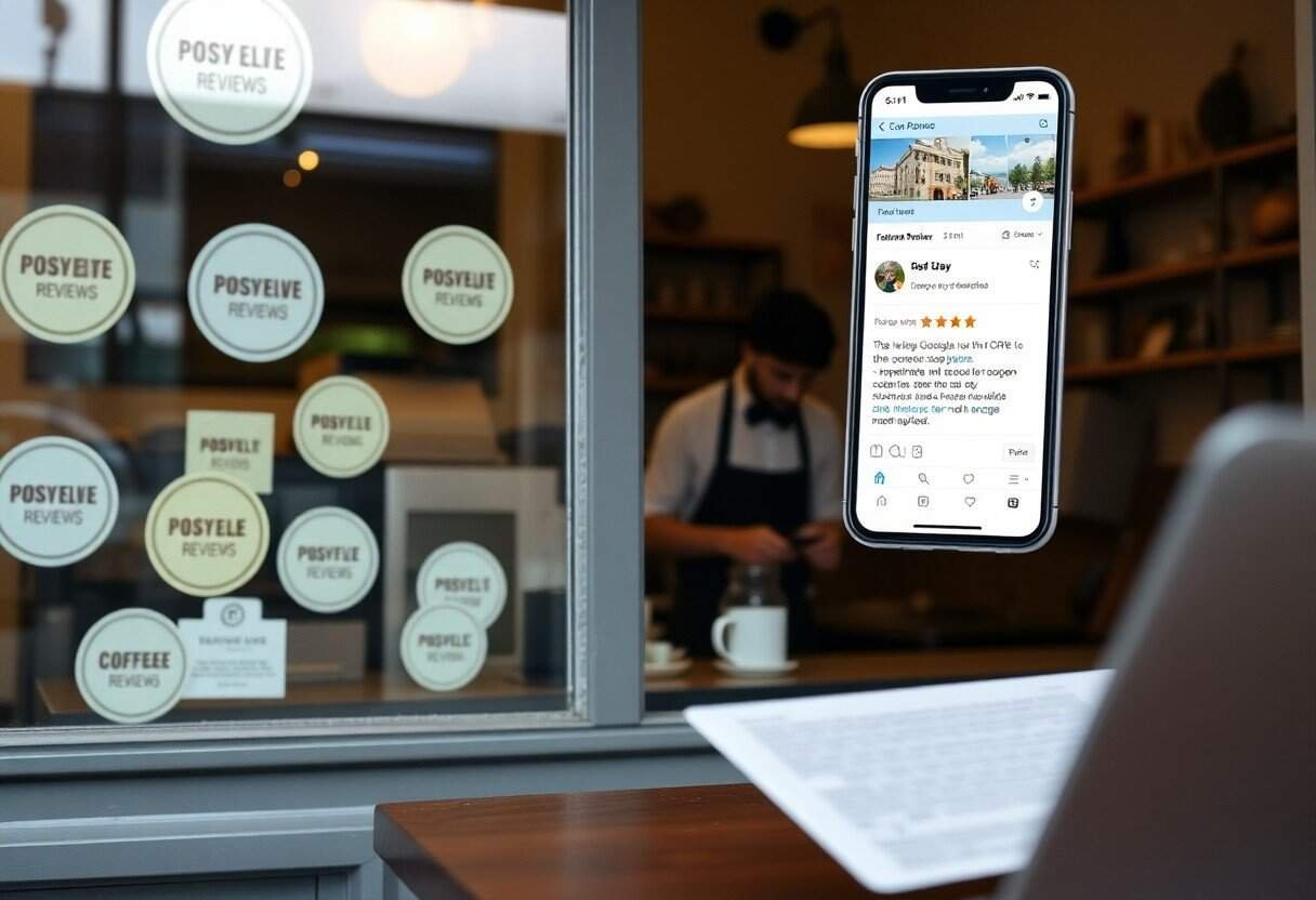 Posy Elie reviews displayed on glass window at a cafe, with a mobile phone showing 5-star ratings on Instagram, highlighting local SEO and reputation management for small businesses.