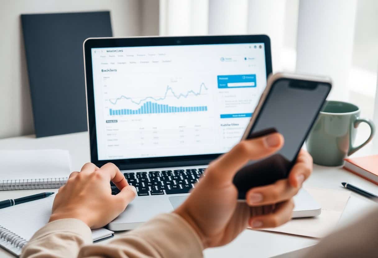A person holds a smartphone and works on a laptop displaying financial charts and data, exploring local SEO and AI search optimization strategies, with notebooks, a pen, and a green mug nearby on the desk.