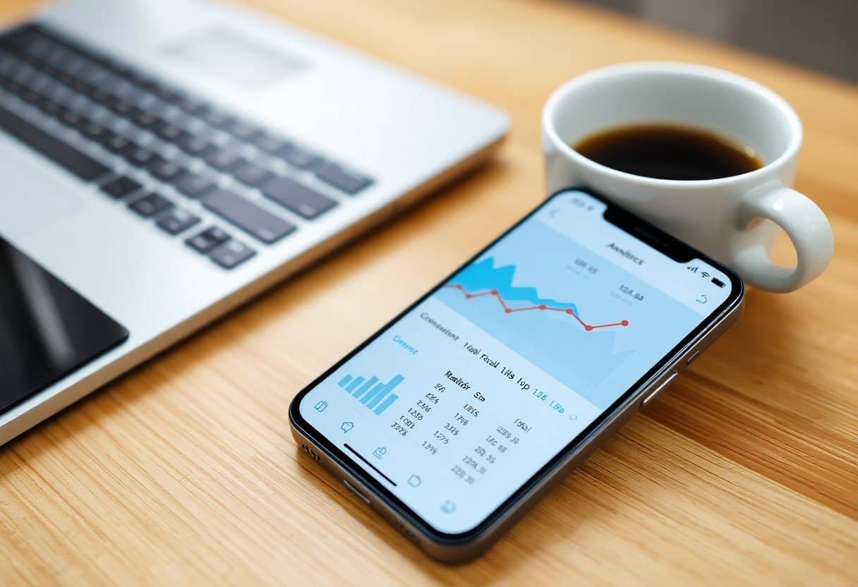 A smartphone displaying analytics graphs and data, highlighting local SEO and AI search optimization, rests on a wooden desk beside a laptop keyboard and a cup of black coffee.
