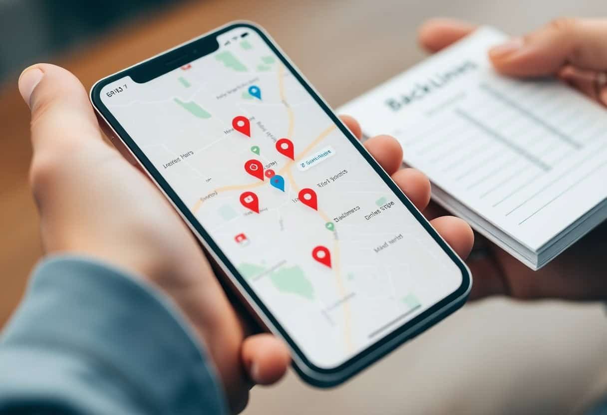 A person holds a smartphone displaying a map with multiple location pins, while another hand holds a notepad with a list—suggesting planning routes using digital maps, written notes, and local SEO for optimized navigation.