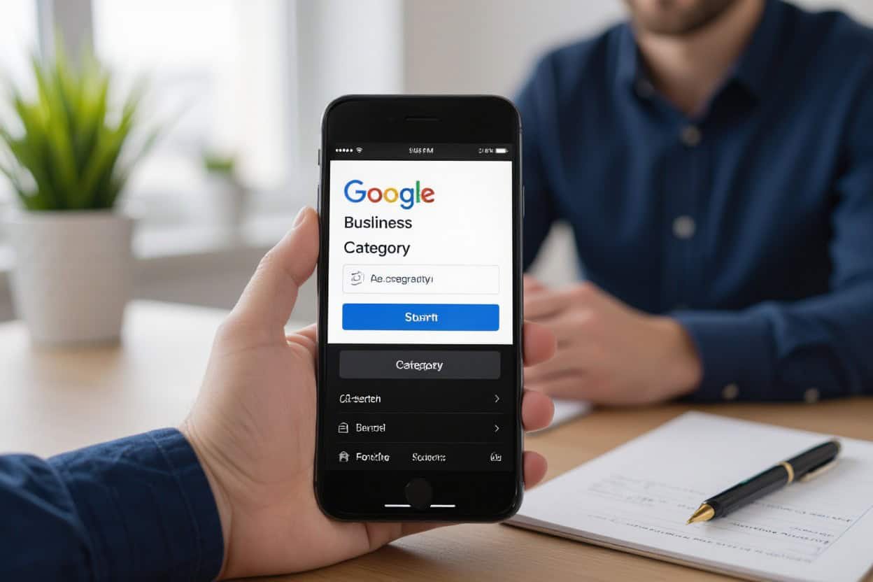 Google local SEO and AI search optimization on smartphone screen for small business category listing.