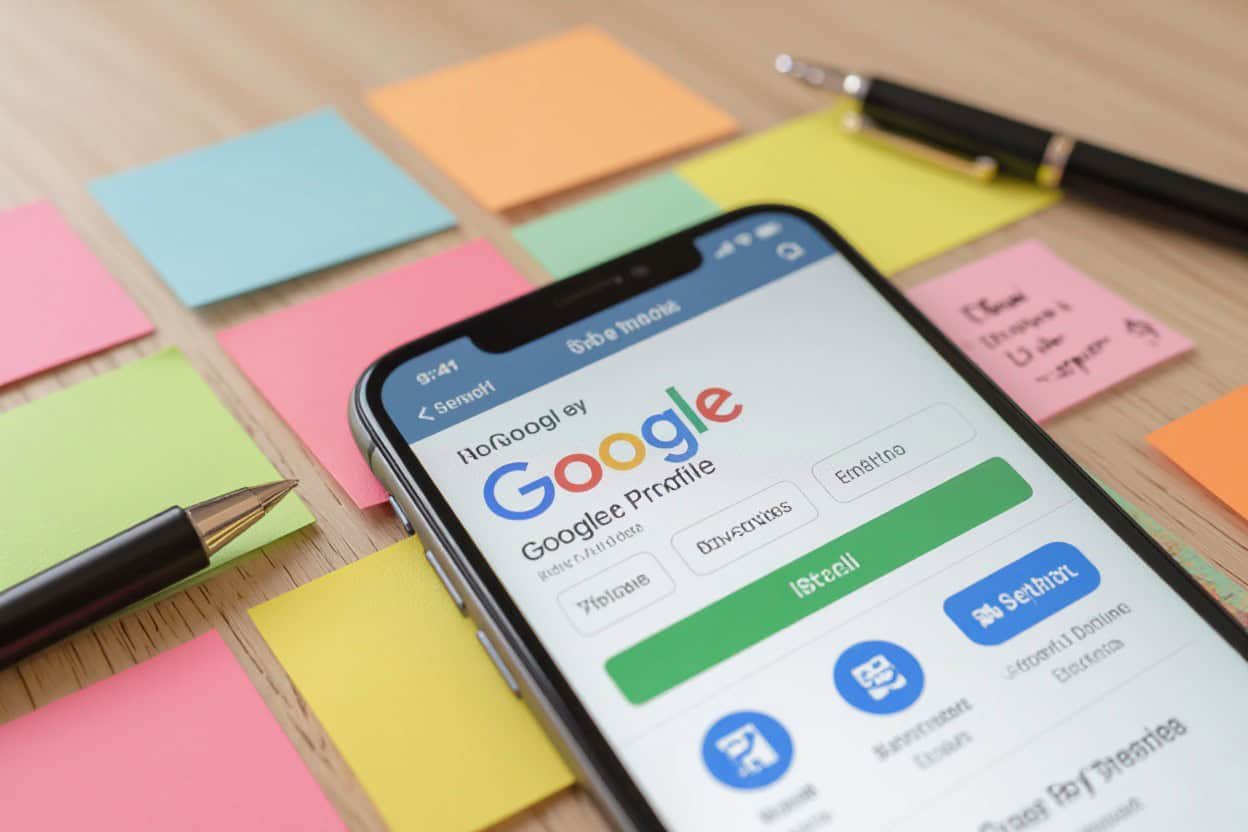 Google profile setup on smartphone with colorful sticky notes and pens on a wooden desk, emphasizing local SEO and AI search optimization services from Droved.