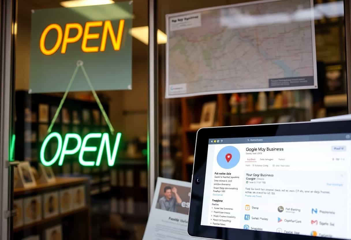 A storefront window displays two bright OPEN signs, one neon orange and one neon green. A tablet in front showcases a Google My Business profile, highlighting the importance of local SEO and AI search optimization. Maps and paper notices adorn the glass.