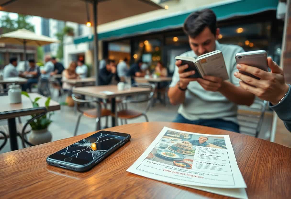 A cracked smartphone lies on a café table next to a menu, while a man in the background reads a book and another person holds a phone—perhaps searching for local SEO tips. Outdoor café setting with other customers and umbrellas visible.