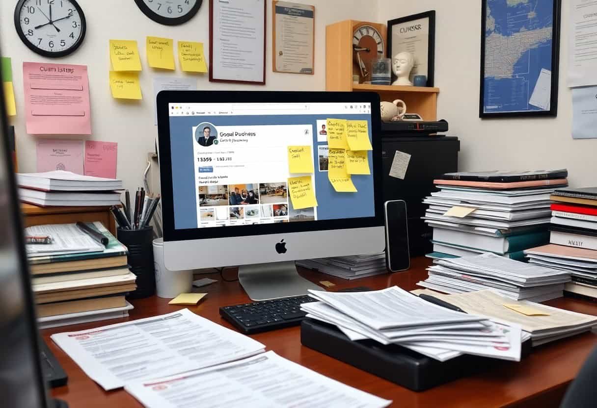 A cluttered office desk with stacks of papers, folders, and books surrounds a computer monitor displaying a social media profile. Sticky notes cover the screen and wall, hinting at local SEO tasks and AI search optimization. Various office supplies and a clock are visible.