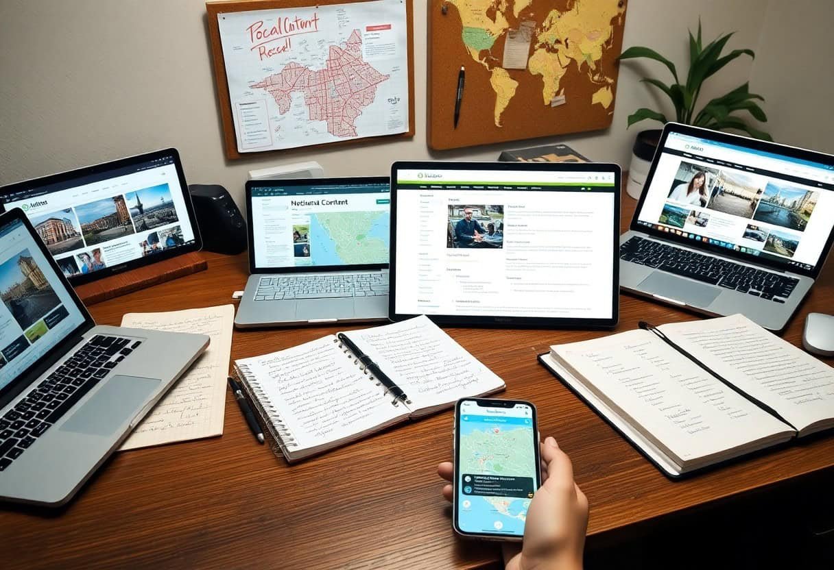 A desk with five laptops, a notebook, an open book, and a hand holding a smartphone; screens display maps, travel websites, and local SEO tools. A corkboard with a pinned map and notes hangs on the wall behind the workspace.