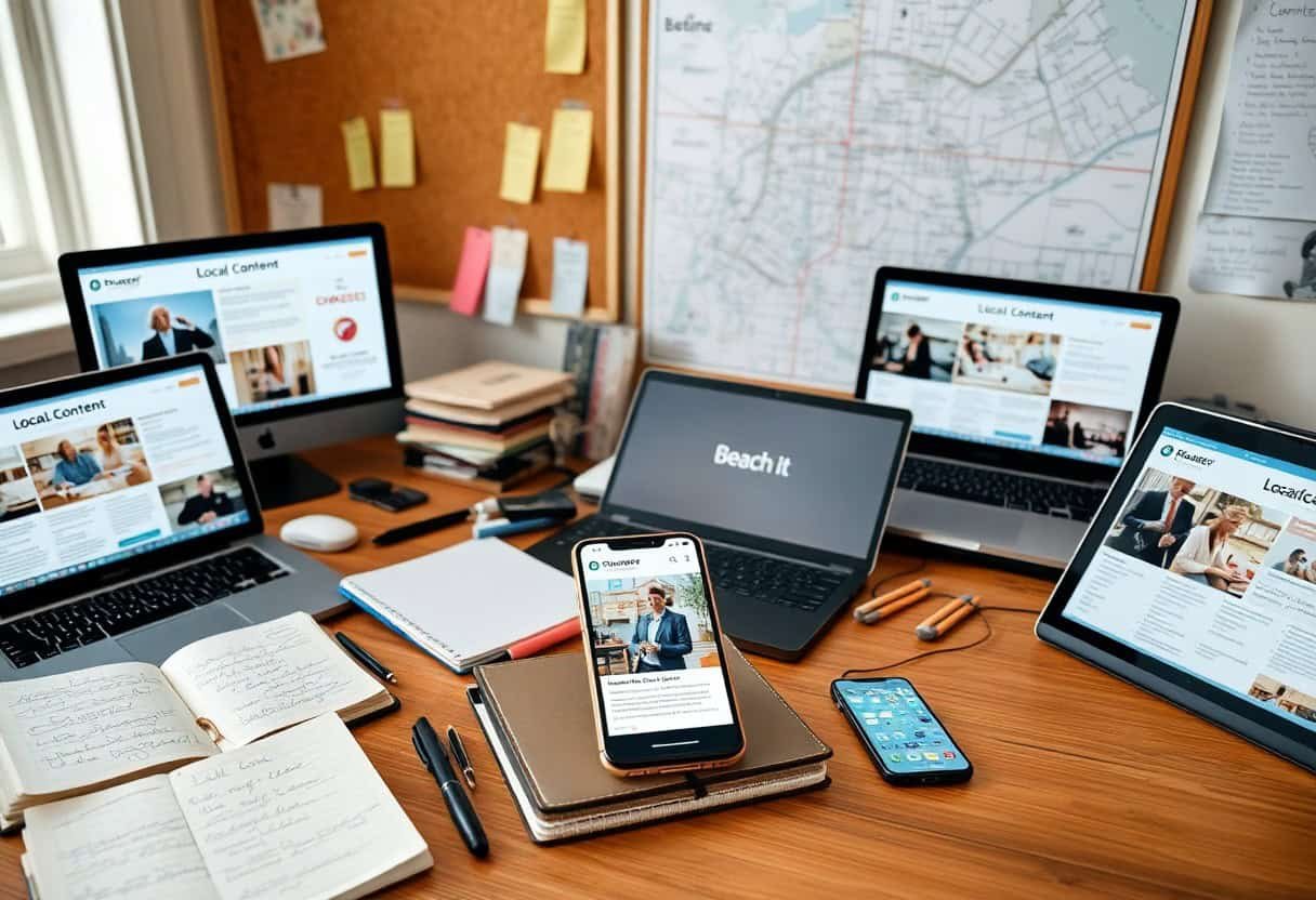 A wooden desk with multiple laptops, a tablet, and a smartphone displaying websites focused on local SEO and AI search optimization, surrounded by notebooks, pens, sticky notes, and notes. A map and corkboard are mounted on the wall of this busy workspace.