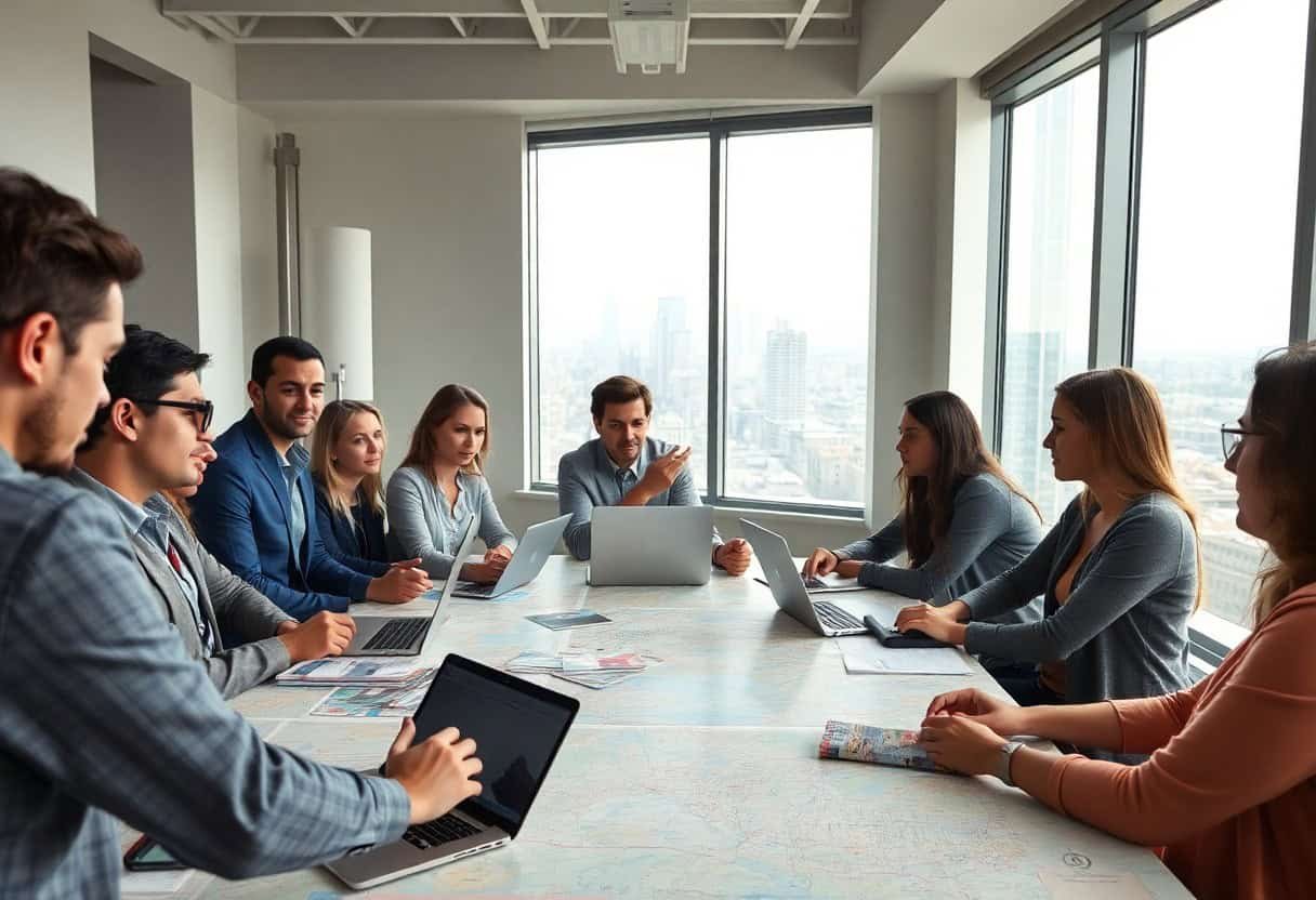 A group of eight people sit around a conference table in a modern office with large windows, using laptops and documents, engaged in a business meeting focused on local SEO and AI search optimization strategies.