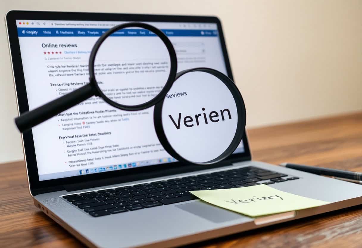 High-quality image of a laptop screen displaying online reviews with magnifying glasses highlighting the word "Verien", emphasizing local SEO and AI search optimization strategies, on a wooden desk for digital marketing success.