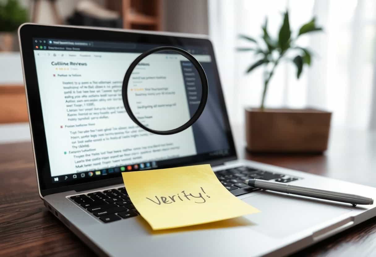 Magnifying glass examining a laptop screen with a yellow "Verify!" sticky note on the keyboard, representing digital verification and SEO auditing for local search optimization.