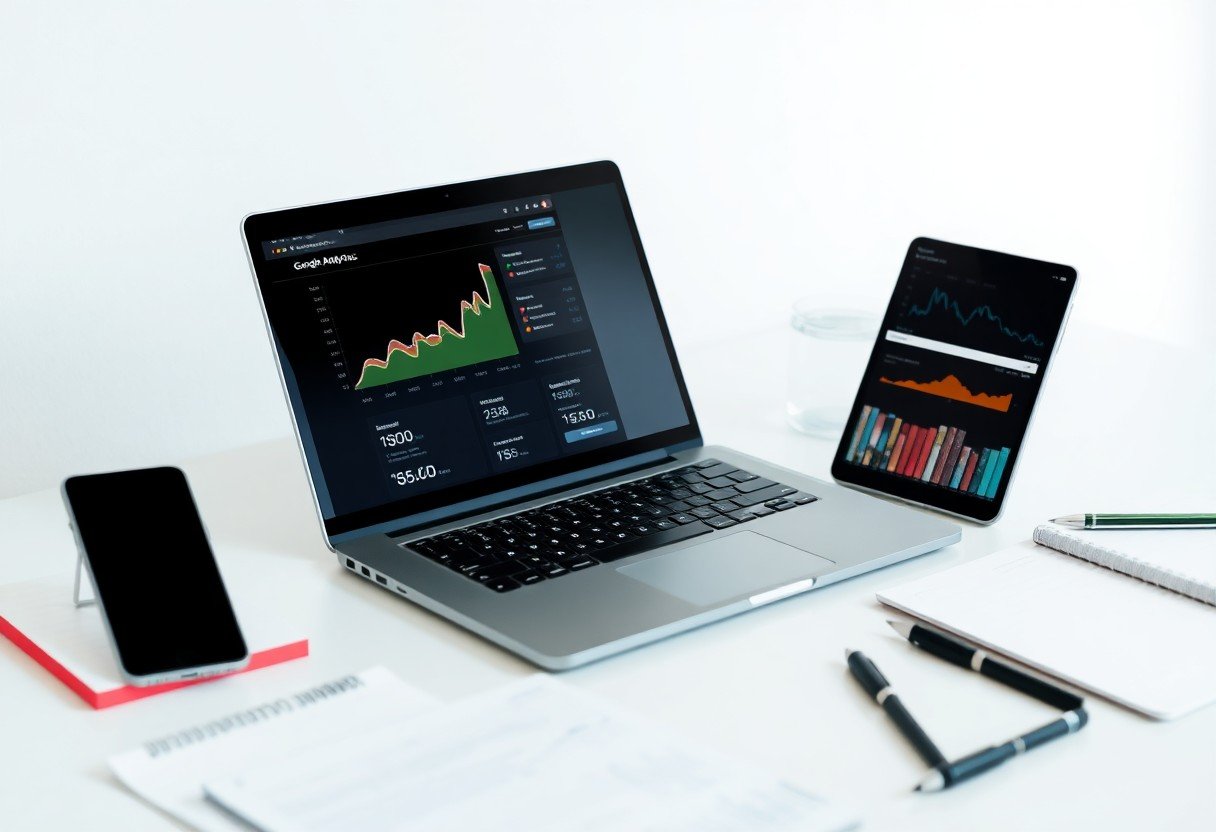 A laptop displaying financial graphs sits on a desk with a tablet showing charts, a smartphone, and notebooks—creating a modern workspace focused on data analysis, business, and local SEO for enhanced AI search optimization.