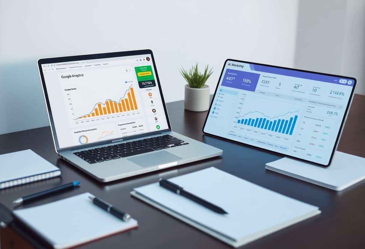 A desk with a laptop and a large tablet displaying charts and graphs, surrounded by notebooks and pens, suggesting a workspace focused on data analysis for local SEO and AI search optimization.