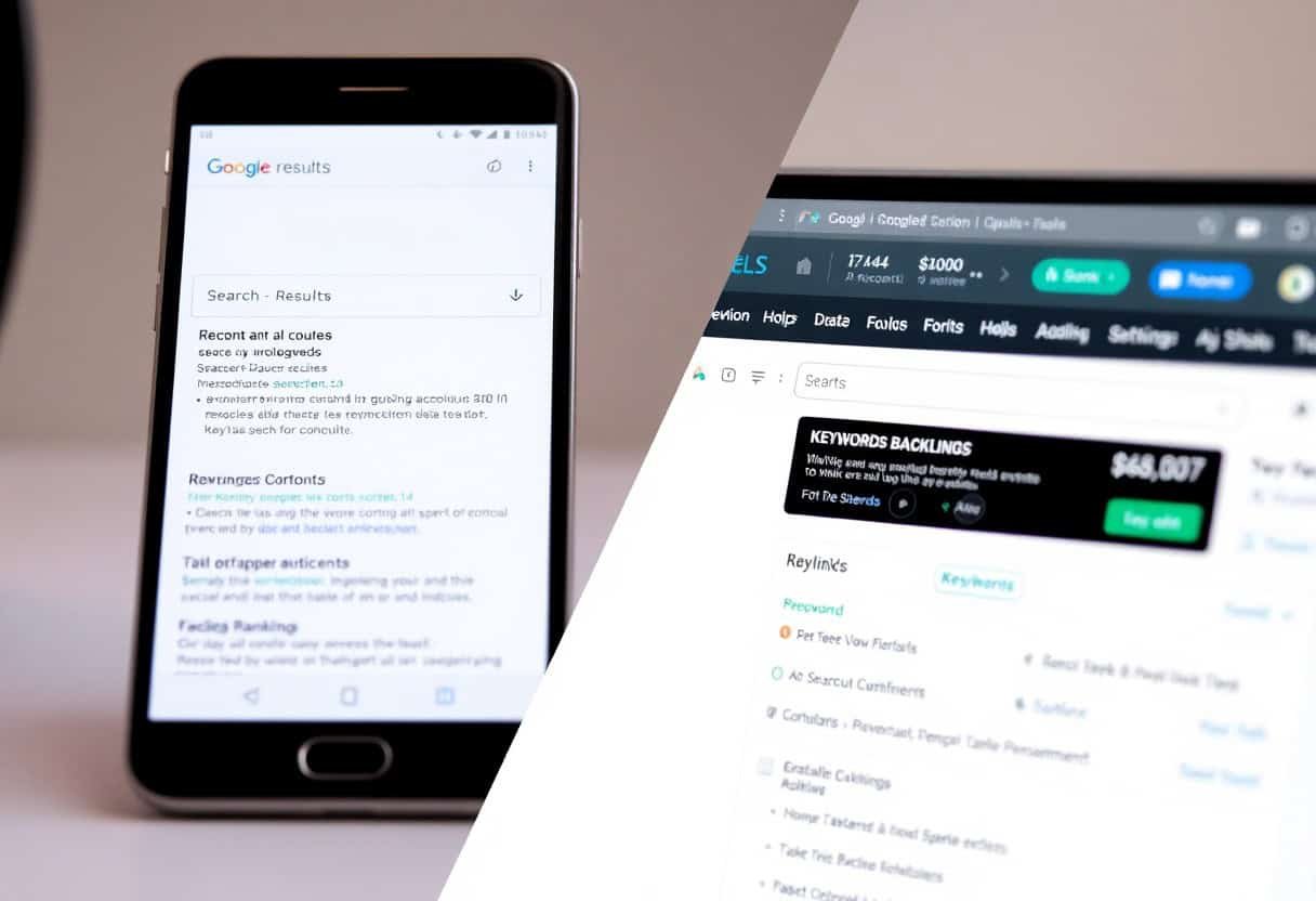 A smartphone displays Google search results on the left, while a computer screen shows an SEO analytics dashboard on the right—both highlighting web search, keyword data, and insights into local SEO and AI search optimization.