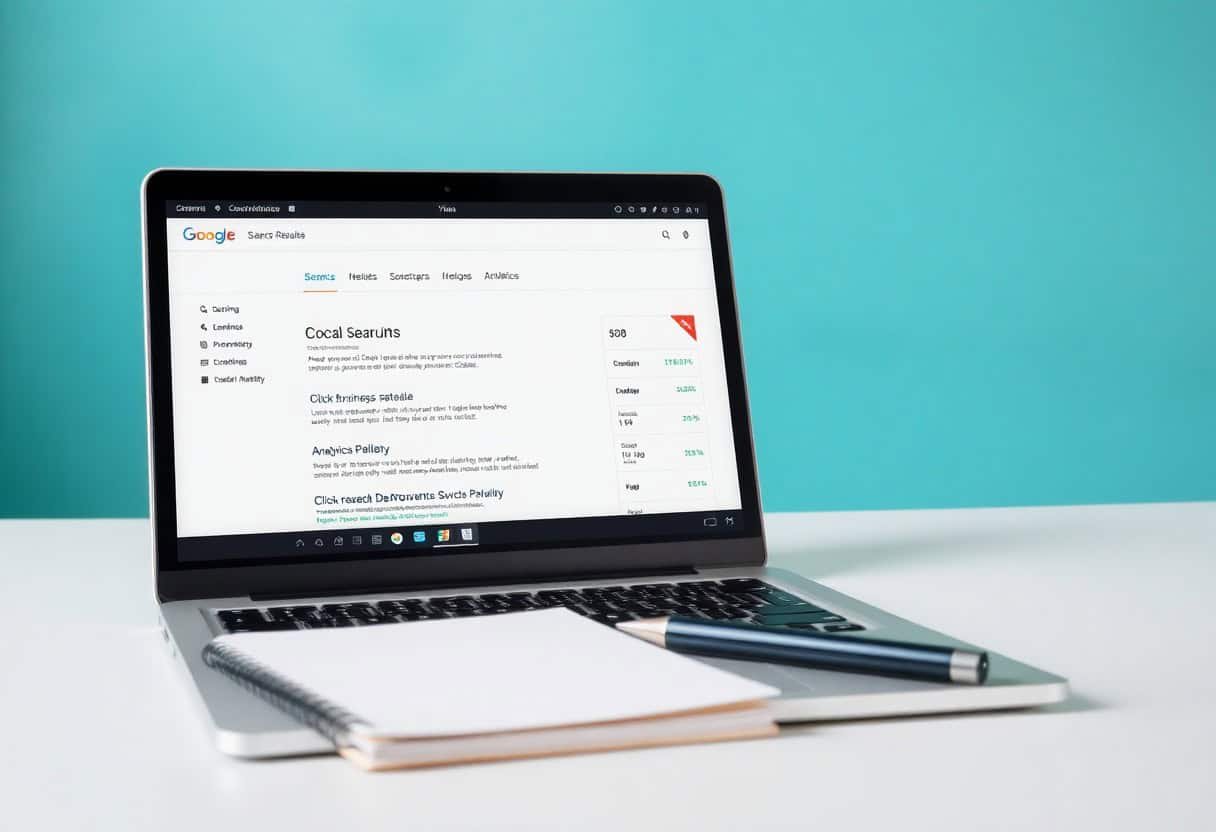 A laptop displaying Google search results for Local Search sits on a white desk with a spiral notebook and pen in front of it, against a turquoise background—highlighting the importance of local SEO and AI search optimization.